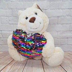 Aurora White Sparkle Heart Bear Sequins Love Valentines Plush 10" NEW WITH TAGS